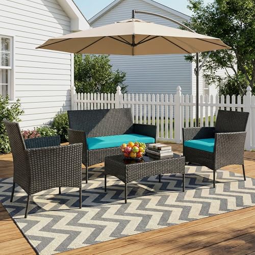 Image of OUTLIVING Outdoor 4 Seater Sofa Set || Patio Furniture Sets || Balcony Sofa || Indoor Sofa || Wicker Rattan Garden Sofa Set with Cushion and Center Table (Black /Blue)