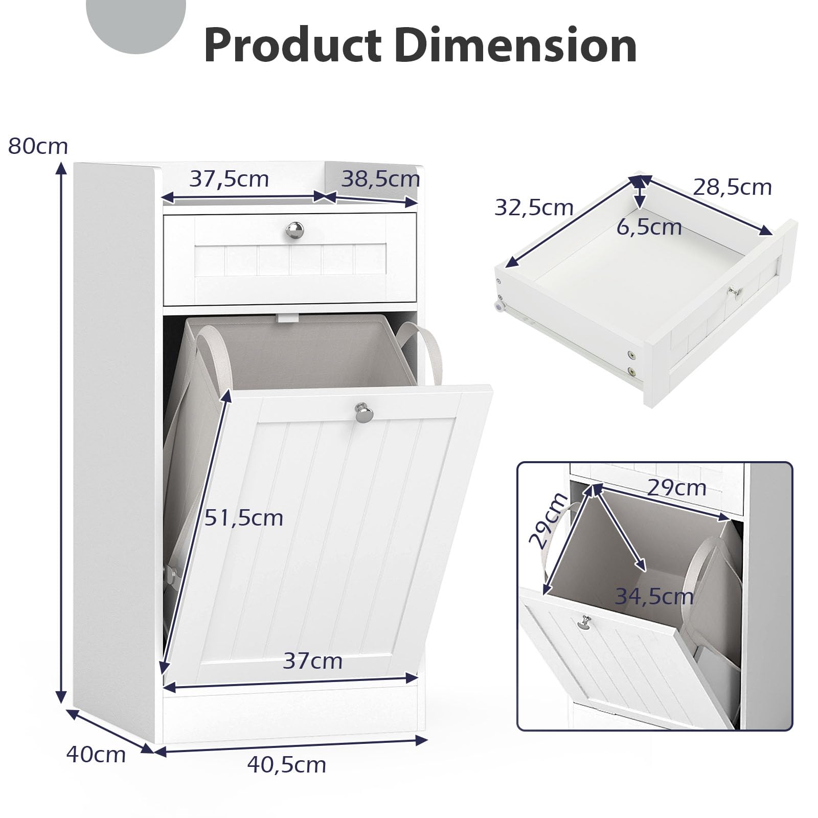 LIFEZEAL Cesto Biancheria Sporca a 1 Scomparto, Bianco, con Sacco Rimovibile, Cassetto, Piano Portaoggetti, Mobile Portabiancheria, Cestino Estraibile, per Lavanderia, Bagno, 40,5x40x80cm
