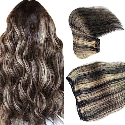 Image of Sew in Hair Extensions Real Human Hair, 18 Inch 100G Weft Hair Extensions Human Hair Bundles Natural Black to Blonde Highlights Hair Extension Real Human Hair Weft Weave Bundles for Women