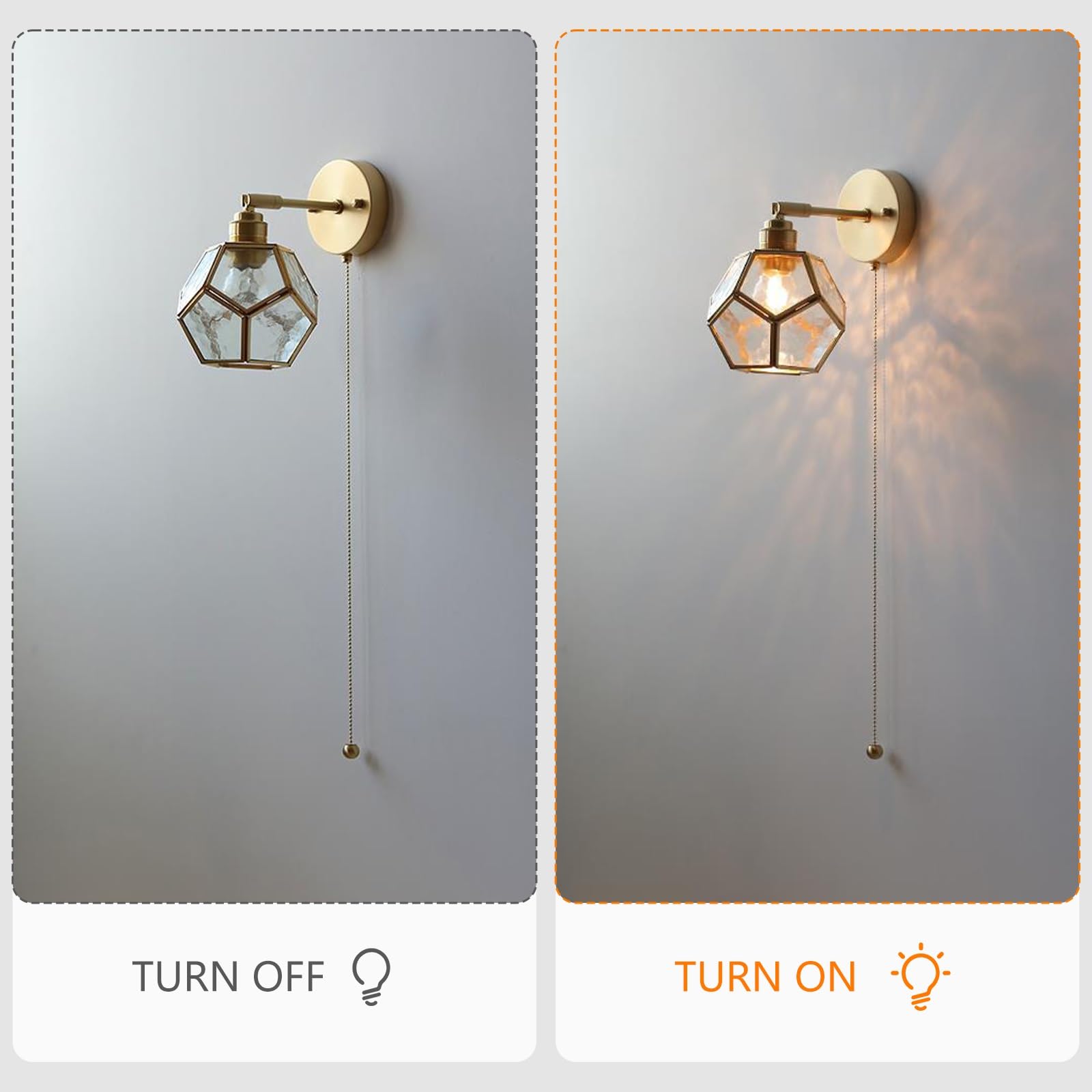 Kinkiet ścienny z przewodowym oświetleniem, mosiężna lampa ścienna w stylu vintage z włącznikiem pociąganym, złota lampa ścienna z geometrycznym szklanym kloszem(Water Ripple)