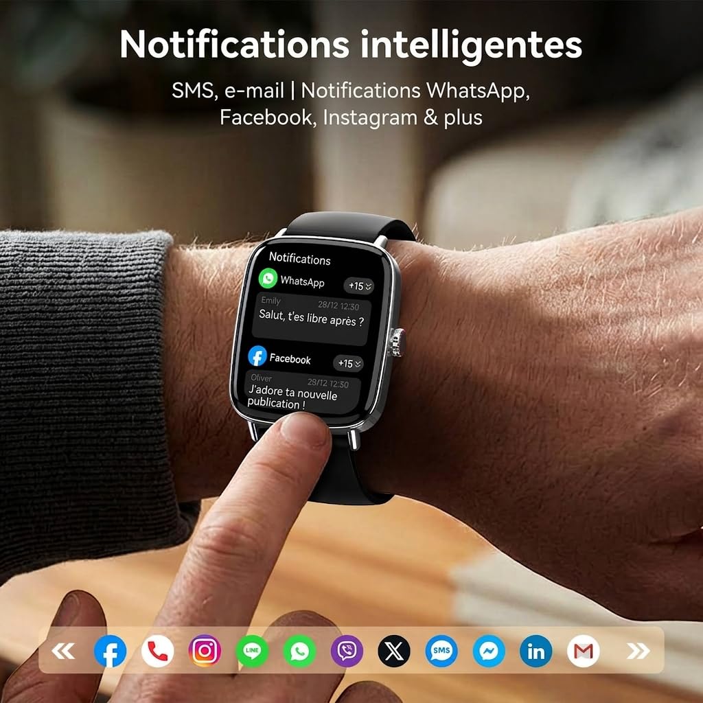 Montre Connectée Homme Femme pour Samsung, iPhone, Android, 1.85" Smartwatch avec Appel Bluetooth, Voix de l'IA, Moniteur de Fréquence Cardiaque/Sommeil, IP68 Étanche, 120+ Modes Sport, Podometre