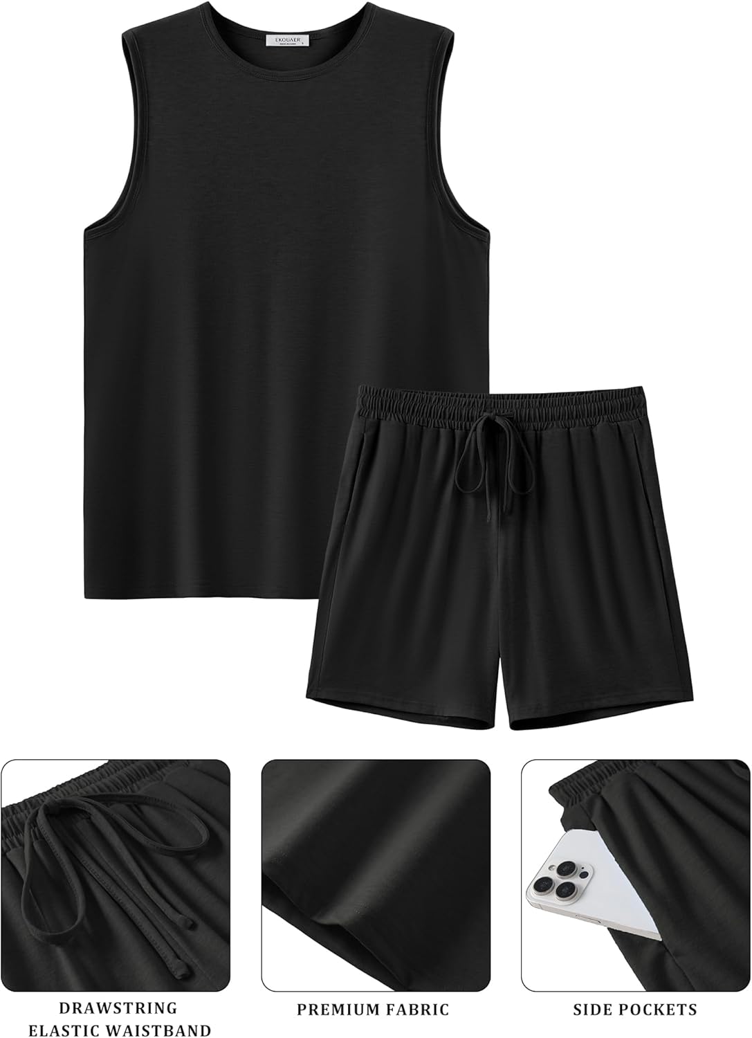 Ekouaer Men's Pajamas Set Workout Tank Top Pjs Sets with Shorts 2 Piece Soft Sleeveless Casual Sleep Shirts Loungewear S-XXL - Image 2