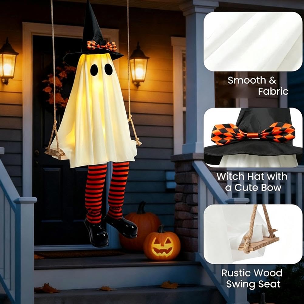 Dekoracje na Halloween na zewnątrz – 15 m wiszący duch dekoracja | podświetlane upiorne duchy na werandę, podwórko, trawnik, dekoracja na zewnątrz, dekoracja halloweenowa dla świątecznej atmosfery