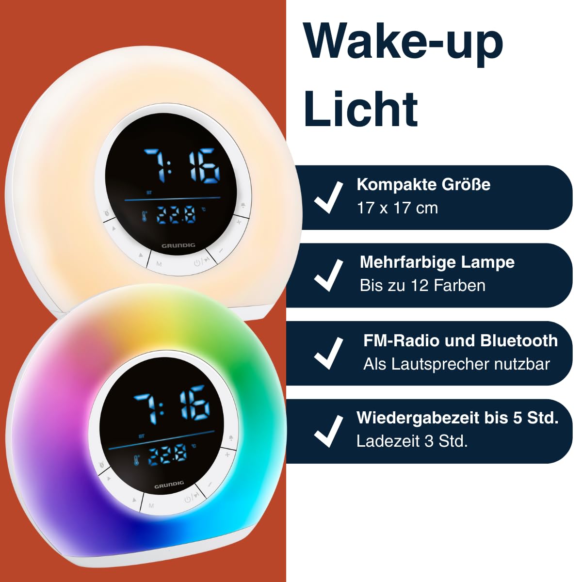 Grundig Tageslichtwecker – Nachttischlampe Radio und Bluetooth – Lichtwecker mit LED-Anzeige – Radiowecker mit Licht und Naturgeräuschen – Weiß