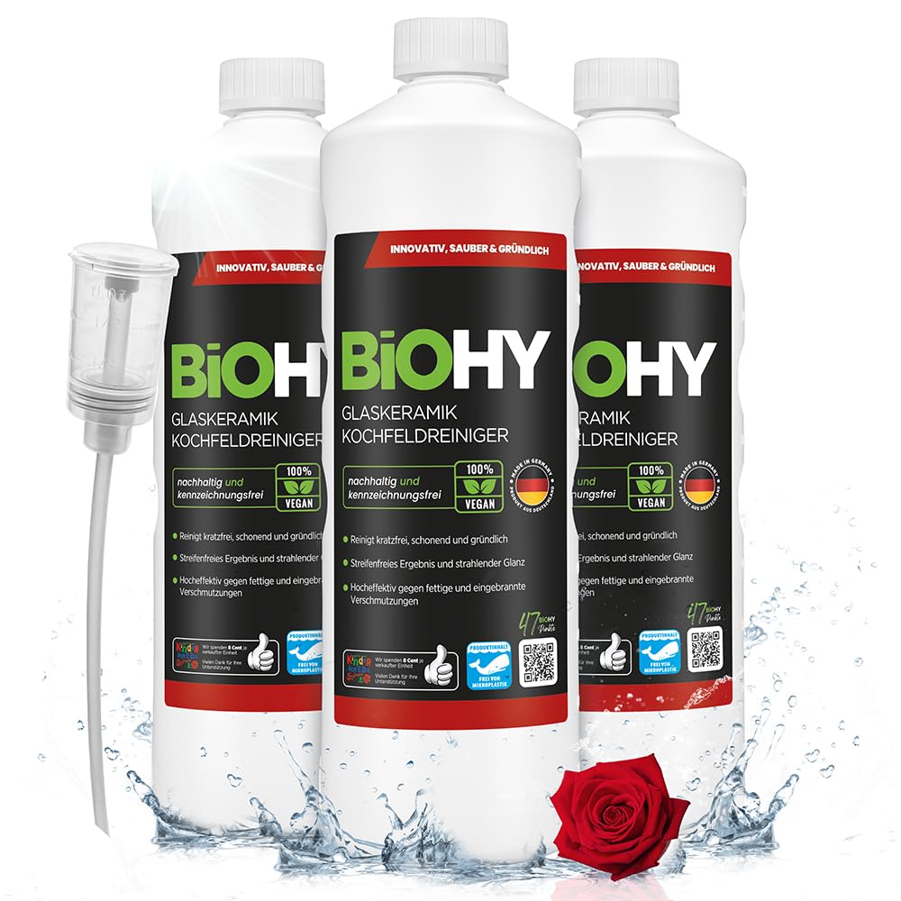 BiOHY Detergente per piani cottura in vetroceramica (3 bottiglie da 1l) + Distributore | Ottimo per la pulizia e la cura del piano cottura e per l’induzione (Kochfeldreiniger)