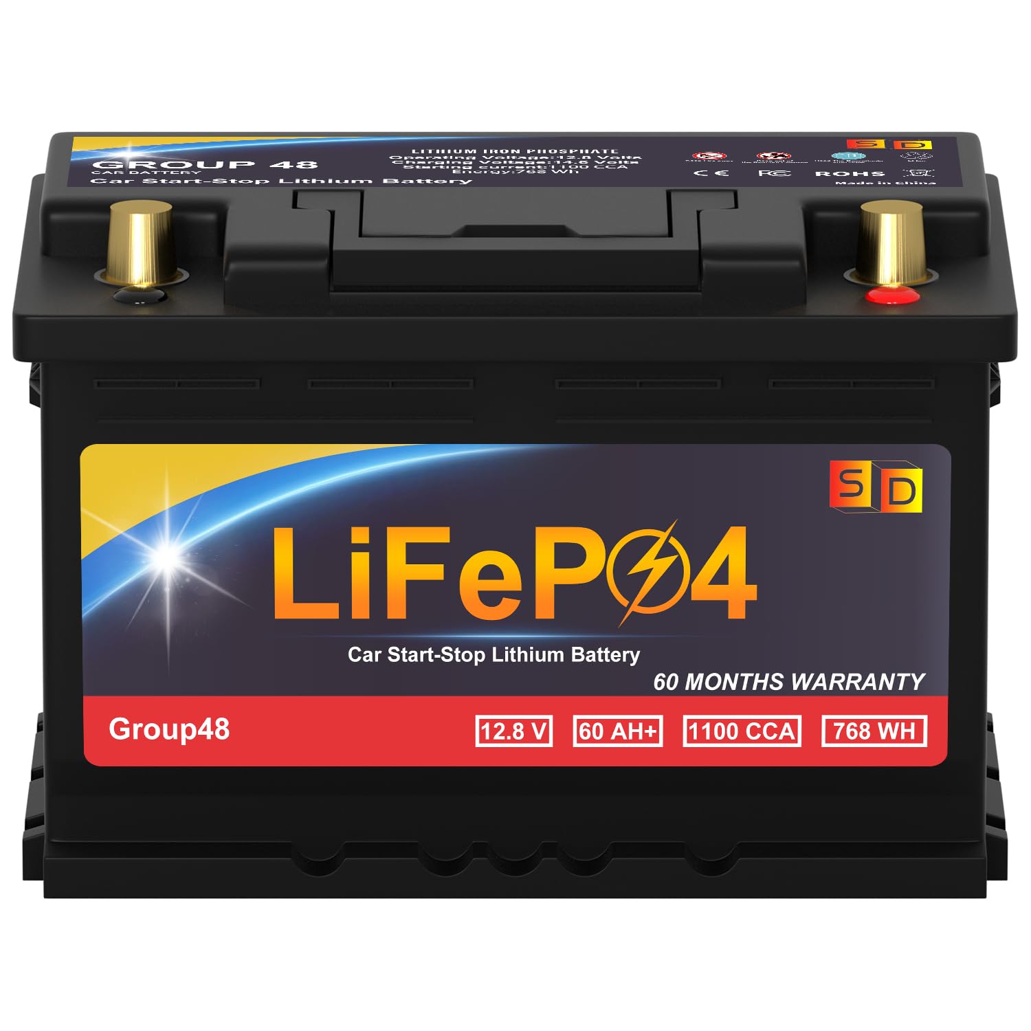 Lithium Start-Stop Car Battery GROUP 48, 12.8V 60Ah 1100CCA LiFePO4 Automotive Battery For Car, Truck, 60 Months Warranty