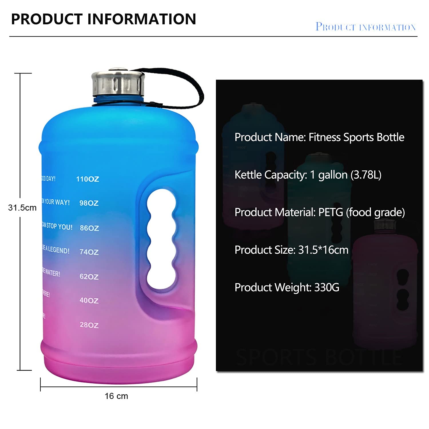 1 Gallon (128oz) Motivational Water Bottle With Time Marker & Straw - Leakproof, BPA Free, For Gym & Outdoor 10 thumbnail image