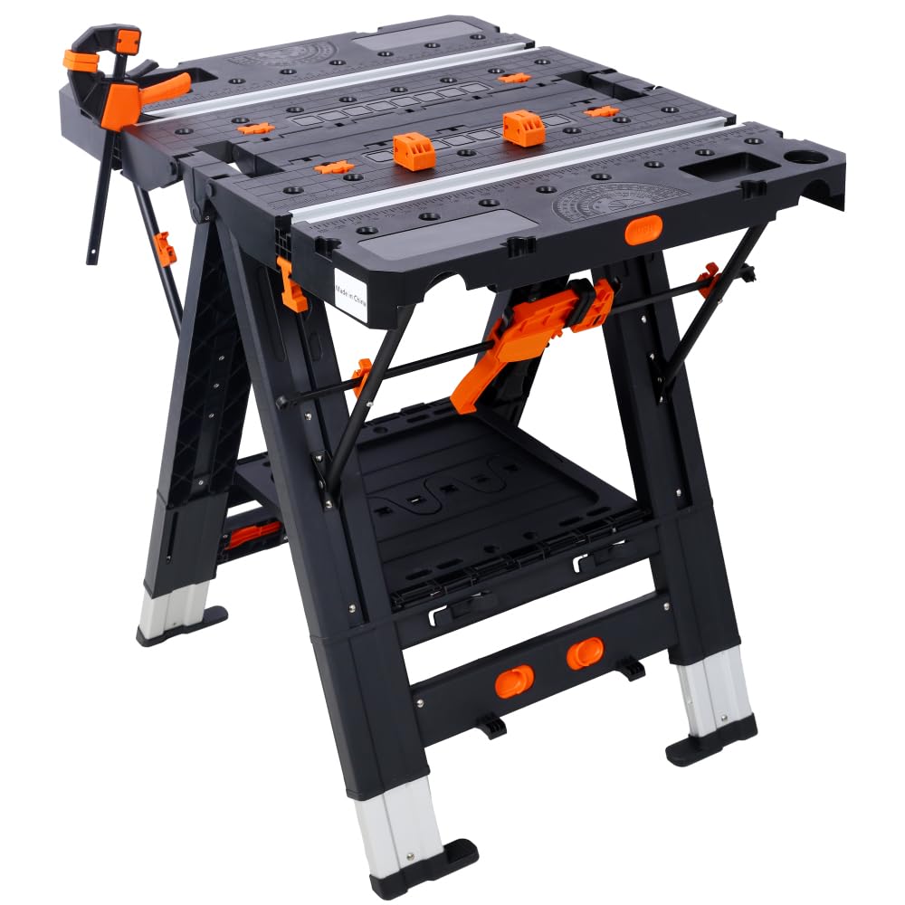 Portable Folding Work Table & Sawhorse - Adjustable Height, 500/1000 Lb Capacity, Aluminum Frame With Clamps