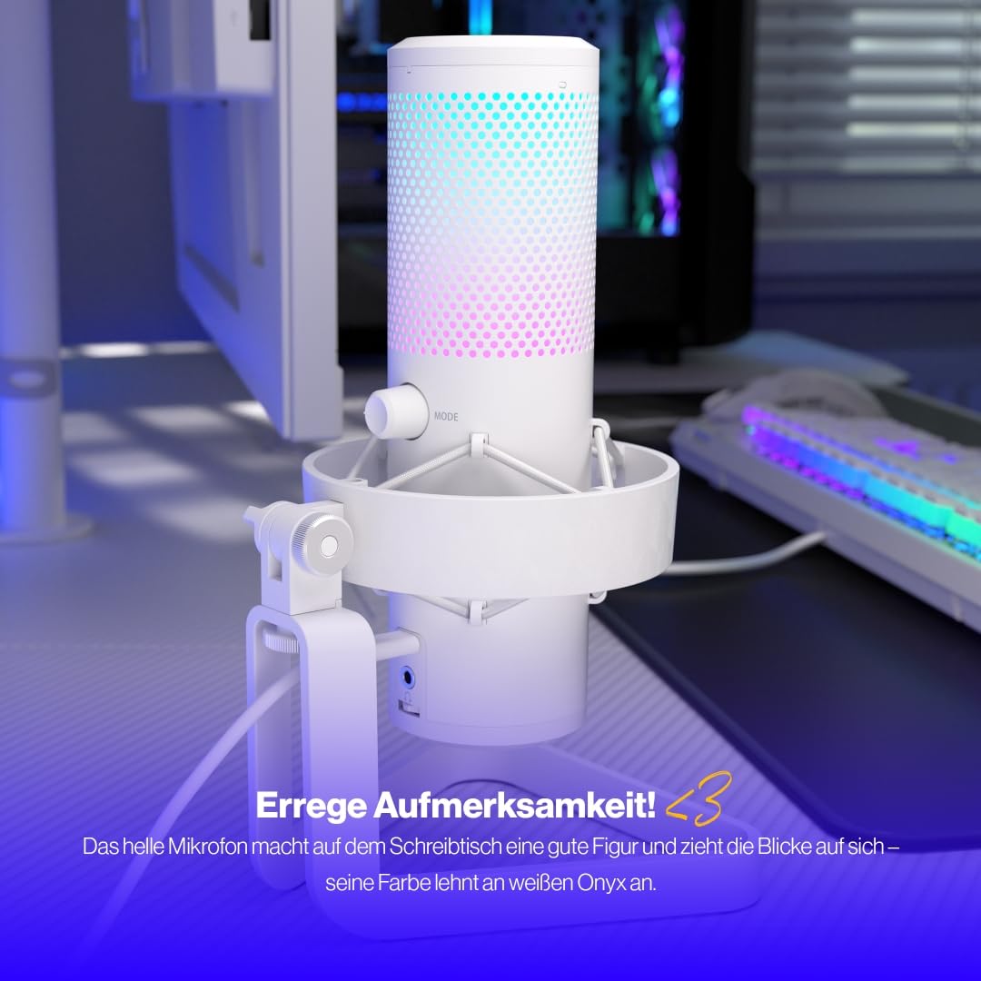 ENDORFY AXIS Streaming Onyx White USB RGB Mikrofon, 24 Bit/192 kHz, Niere, Stereo, Kugel, Bidirektional, Kopfhörer Monitoring, Touch Mute, Streaming, Podcast