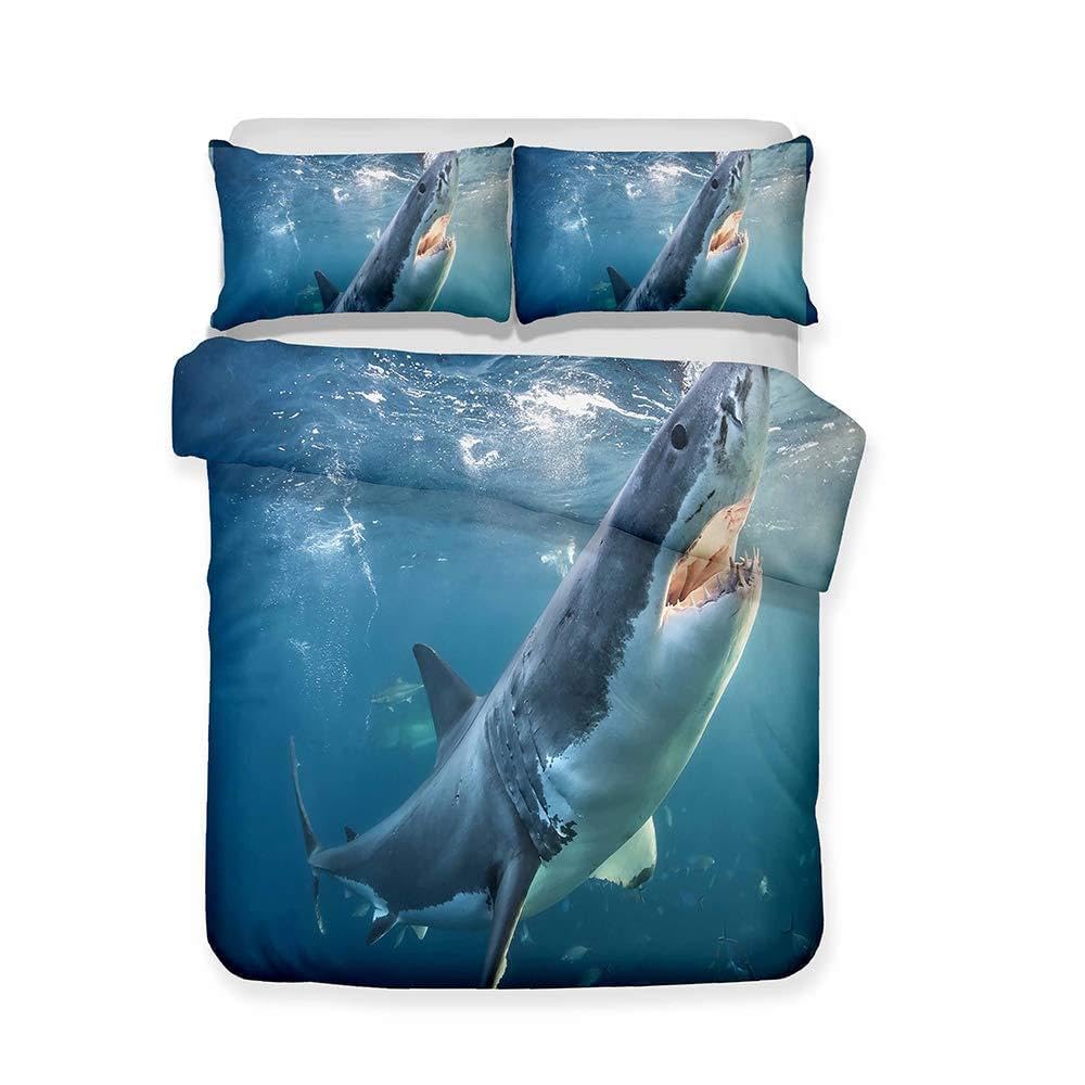 Morbuy Boys Great White Shark Duvet Cover Set For Single Double Super King Size Bed, 3D Shark Printed Microfiber Bedding Sets Duvet Set With Pillowcases And Quilt Case (Super King-220X260cm,)