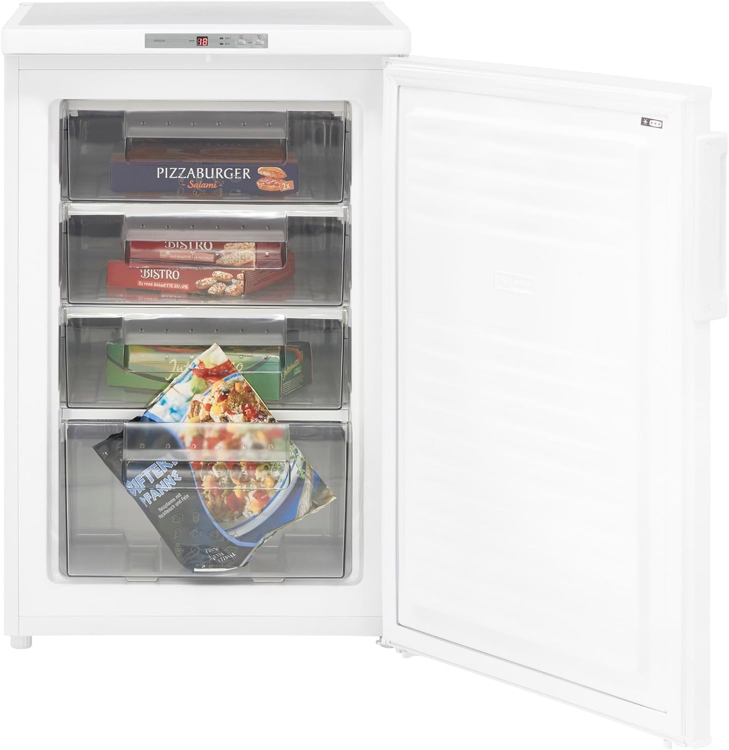 Exquisit Gefrierschrank GS80-040E Weiss – Standgerät, 91 L Volumen, 4-Sterne-Gefrieren, Türanschlag Wechselbar, Gefrierschubladen, Energieeffizienz E