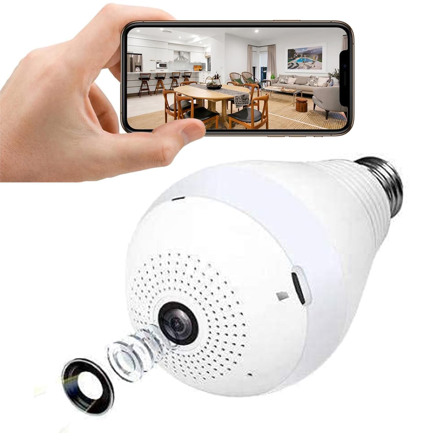 TP Plus V380 Pro Wi-Fi Full Ultra HD 1080P CCTV Smart Security Camera | LED Bulb Light with Holder | Indoor Wireless Panoramic Fish Eye Vision (Bulb Camera K-802)