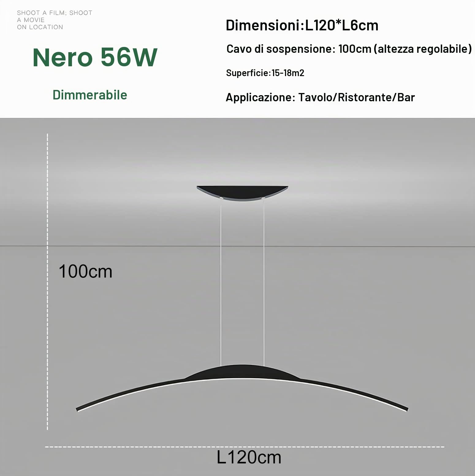 Lampada a Sospensione a LED Dimmerabile Lampada da Tavolo da pranzo Moderna con Telecomando con Design ad arco Lampadario Regolabile in altezza per Sala da Pranzo Soggiorno Cucina (120cm，56W, Nero)