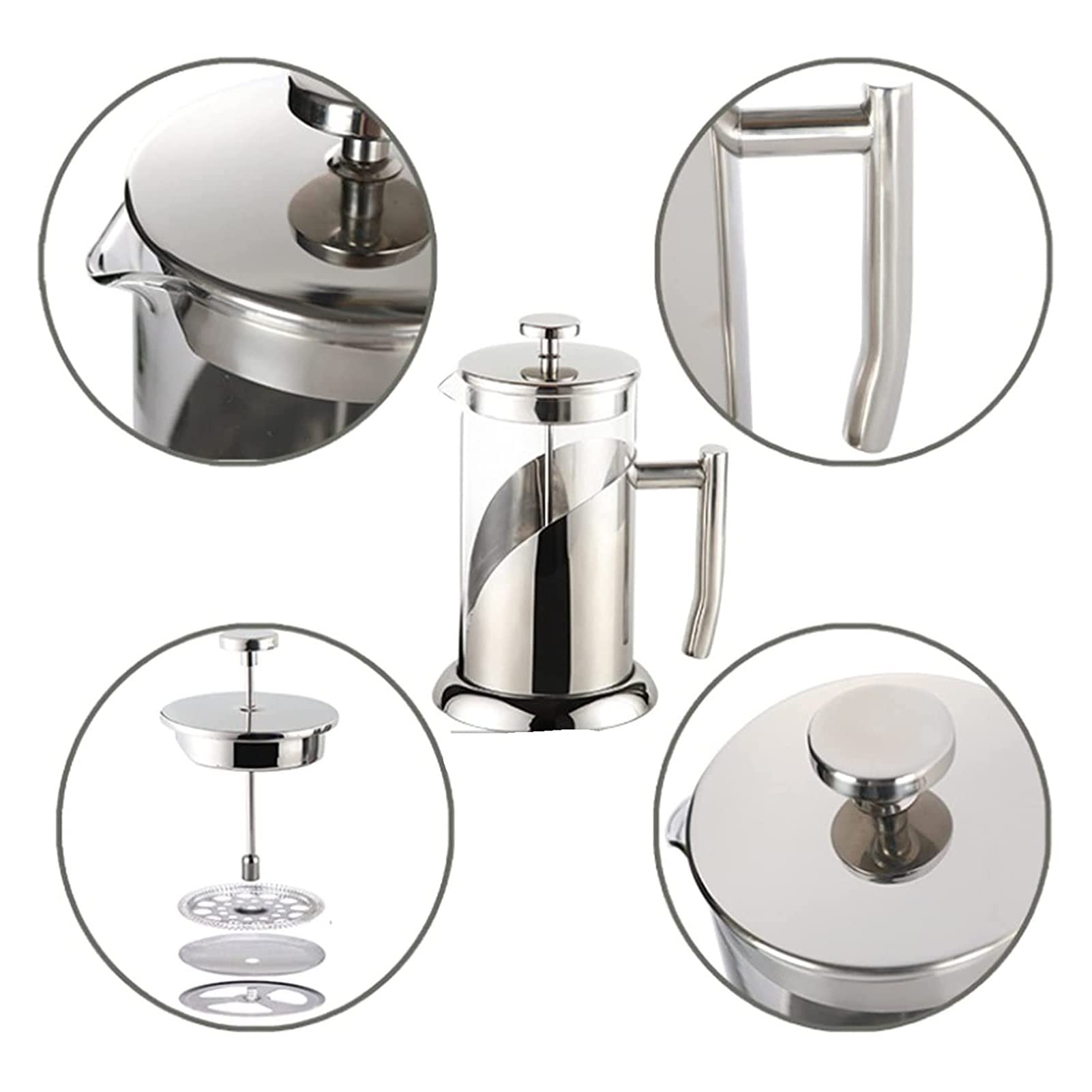 Cafetera Émbolo,Cafetera Francesa De Acero Inoxidable De 304 Grados Con 3 Filtros,Vidrio Borosilicato Cafetera De Piston Tetera,Resistente Al Calor Duradera,Soporte Extraíble Para Una Fácil Limpieza