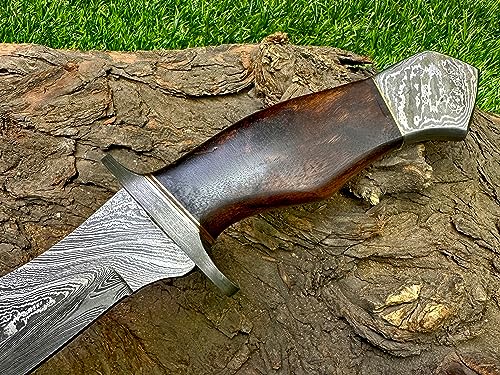 REG-274, Handmade Damascus Steel 13.00 Inches Hunting Knife - Rose Wood with Damascus Steel Guards Handle (Wood Handle) - Thumbnail 3