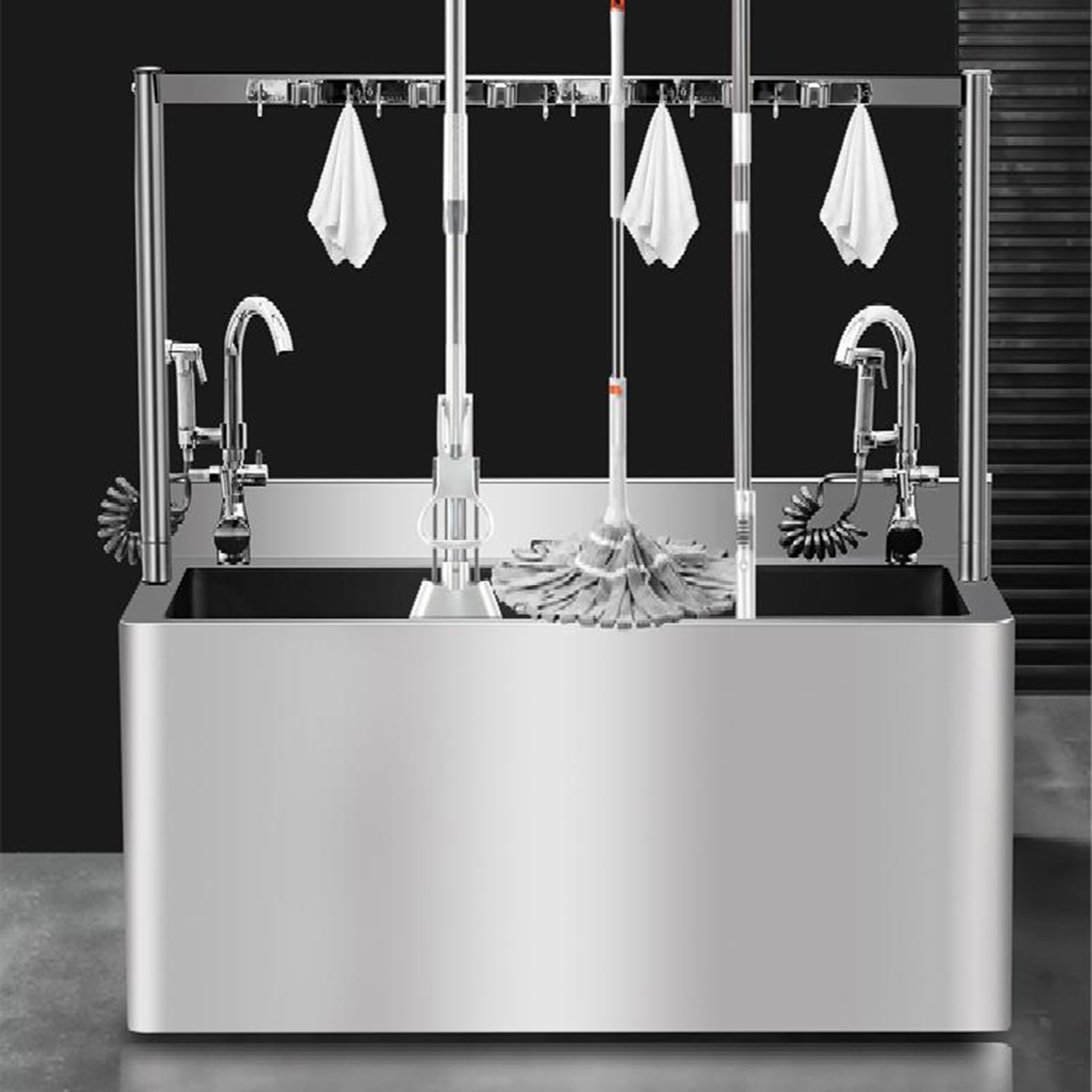 GOCHUSX Commercial Mop Sink, Stainless Steel Mop Service Basin, Utility Mop Bucket with Faucet, Single Knob Drain for Balcony Bathroom Kitchen Outdoor(58x50x108cm)
