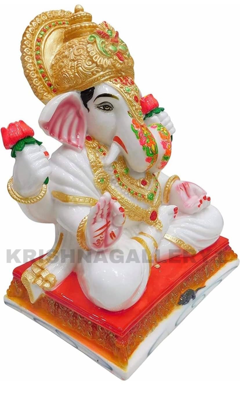KRISHNAGALLERY1 Antique Marble Polyresin Lord Dagdusheth Ganesh Ji Murti Statue Ganesha Murti For Pooja Home Decoration Big Large Size 13.5 Inches, White 1