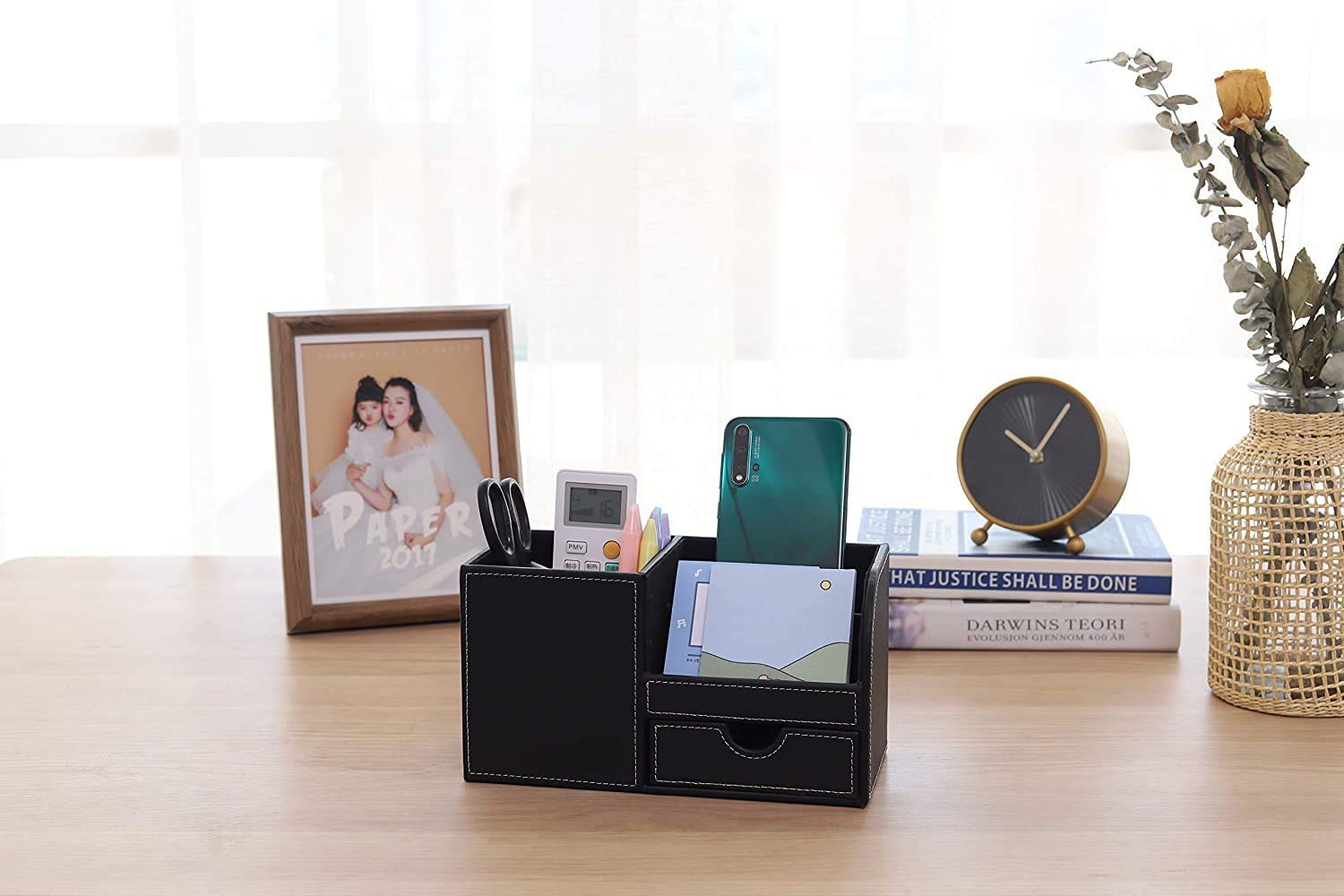 Bürobedarf, Stiftehalter, Organizer für Schreibtisch, PU-Leder, Schreibtisch-Briefpapier-Organizer und TV-Caddy, Fernbedienungs-Organizer mit 1 Schublade, Schwarz