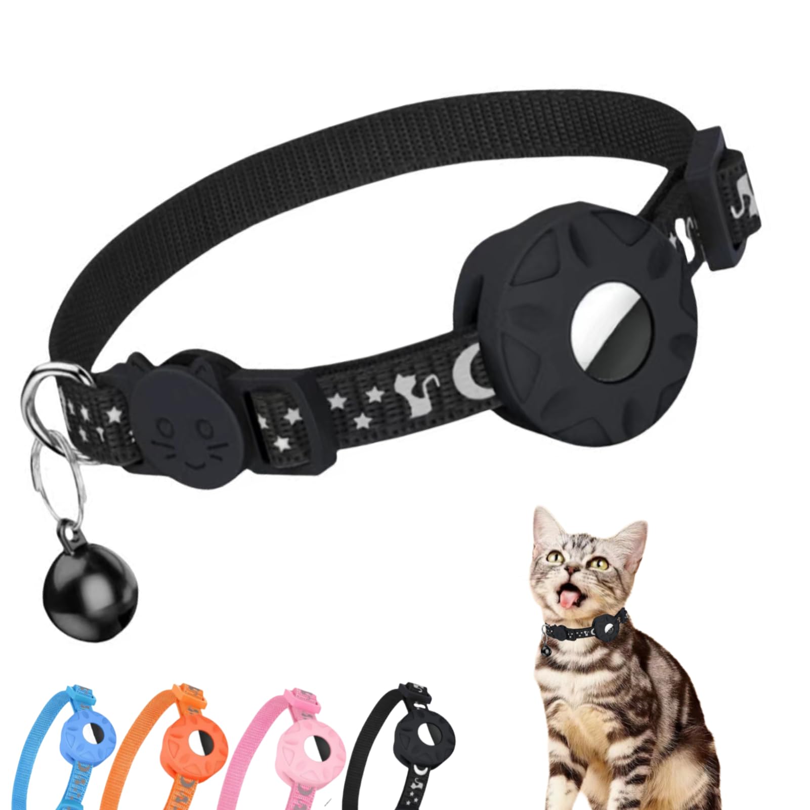 Morbuutii AirTag Cat Collar 1Pack, Breakaway Kitten Collar with Apple Airtag Holder, Reflective Kitty Collar with Bell and Airtag Case for Cats, Cute Pattern and Lightweight (Black)