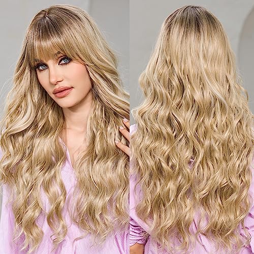 EMMOR Ombre Blonde Wigs for Women Long Curly Wigs with Bangs Heat Resistant Fiber Synthetic Wig Daily Natural looking