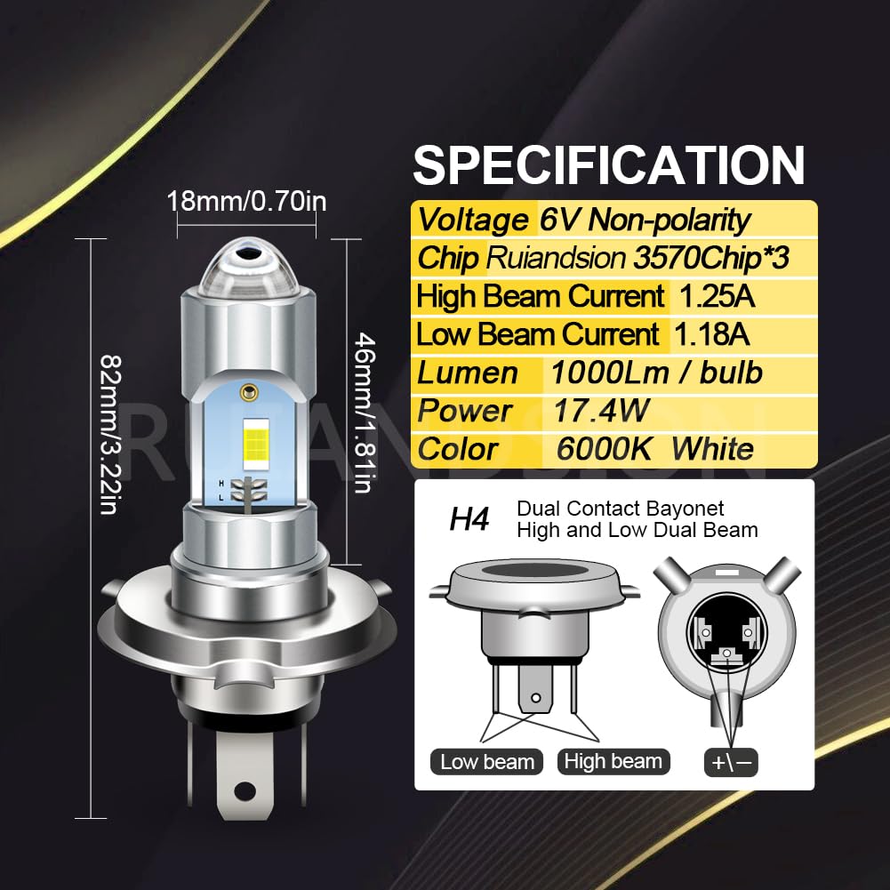 Ruiandsion - Lot de 2 phares LED avant H4 de 6 V à faisceau double haut et bas, 6000 K, couleur blanc 3570 puce pour motos, voitures et vélos, lumière antibrouillard
