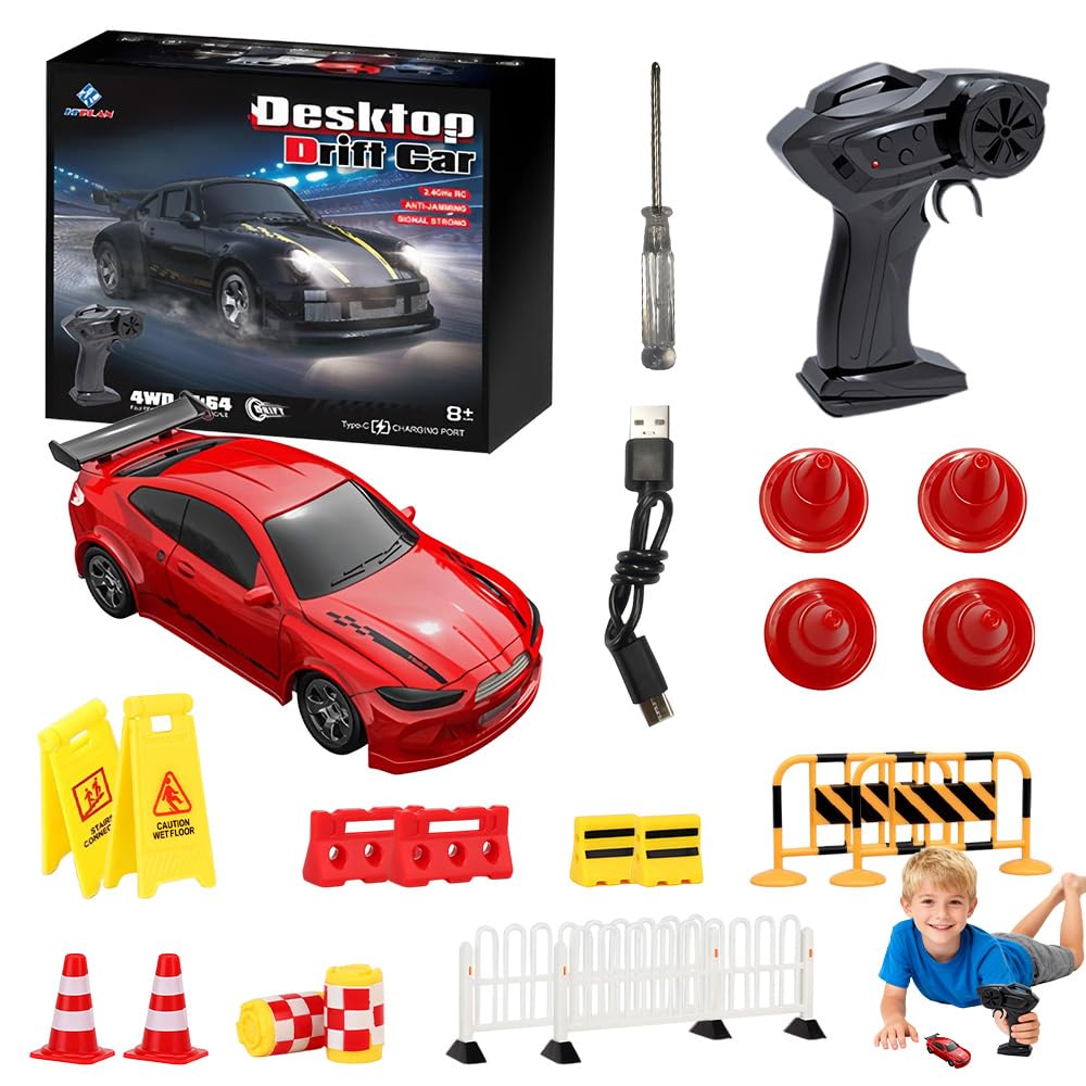 CLIUNT RC Drift Car 1:64, 15KM/H 4WD Racing Drifting Car, 2.4 GHz Rechargeable Mini RC Drift Car with Traffic Cones and LED Lights, and Toys for Children (Red)