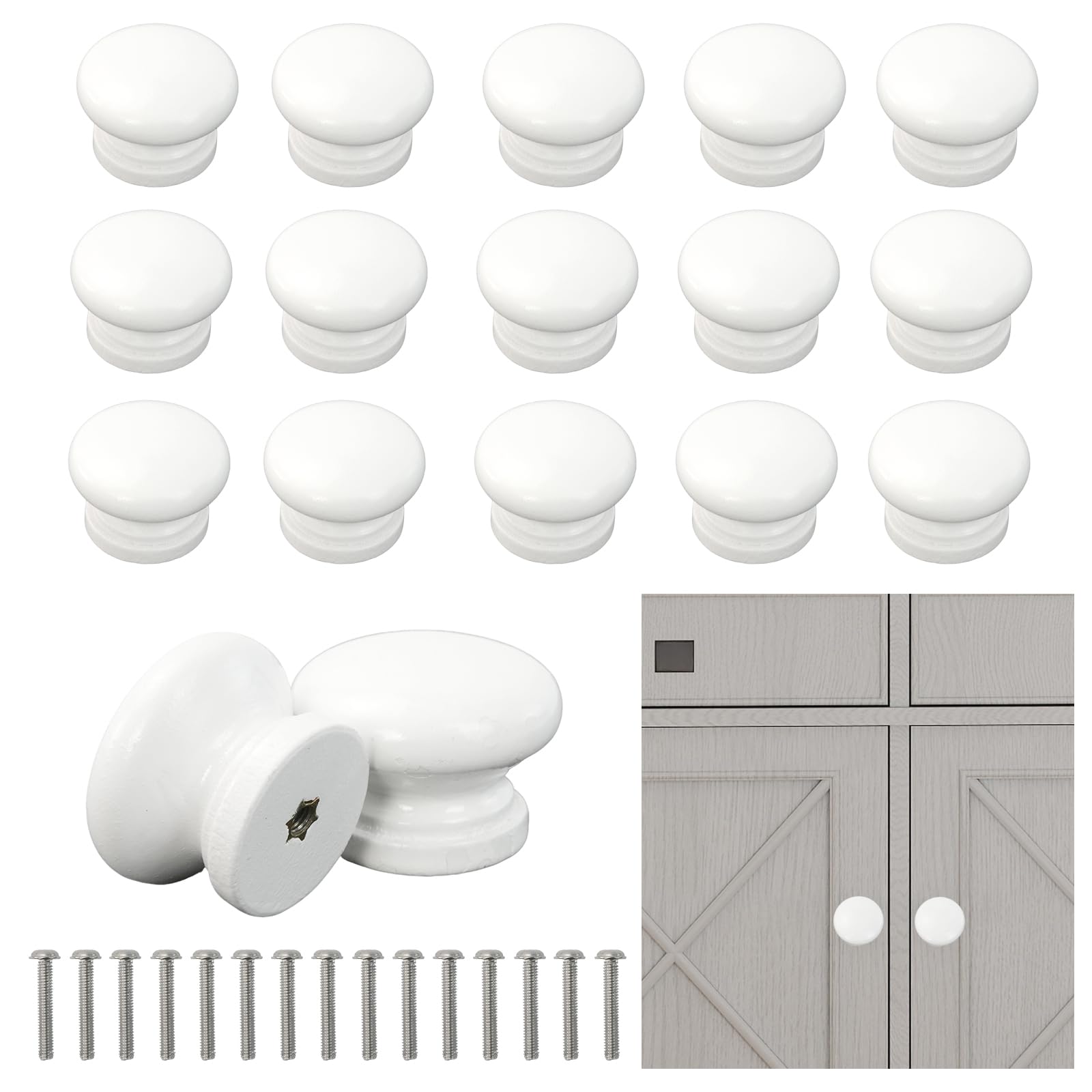 Jiayaus 15pcs Wooden Drawer Knobs, 33mm White Cabinet Knob with Screws