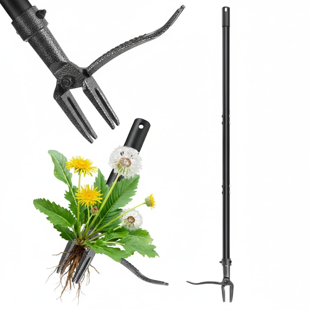 Herramienta de deshierbe de acero de 4 garras con mango ajustable de 46 pulgadas, eliminación de raíces resistente, herramienta de jardín para personas mayores, no requiere arrodillarse