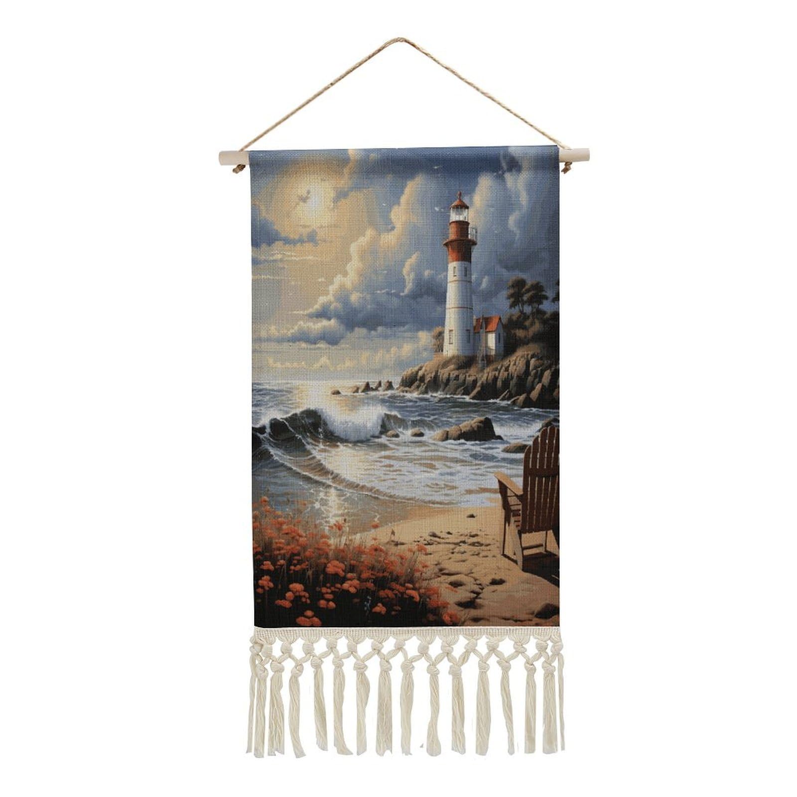 Adfgyerh Style Sea Lighthouse Sandbeach Tapestry With Tassels Cotton And Linen Hanging Posters, Wall Art For Travel Gift, Wall Tapestry For Office Home Decor Bedroom Living Room Decor