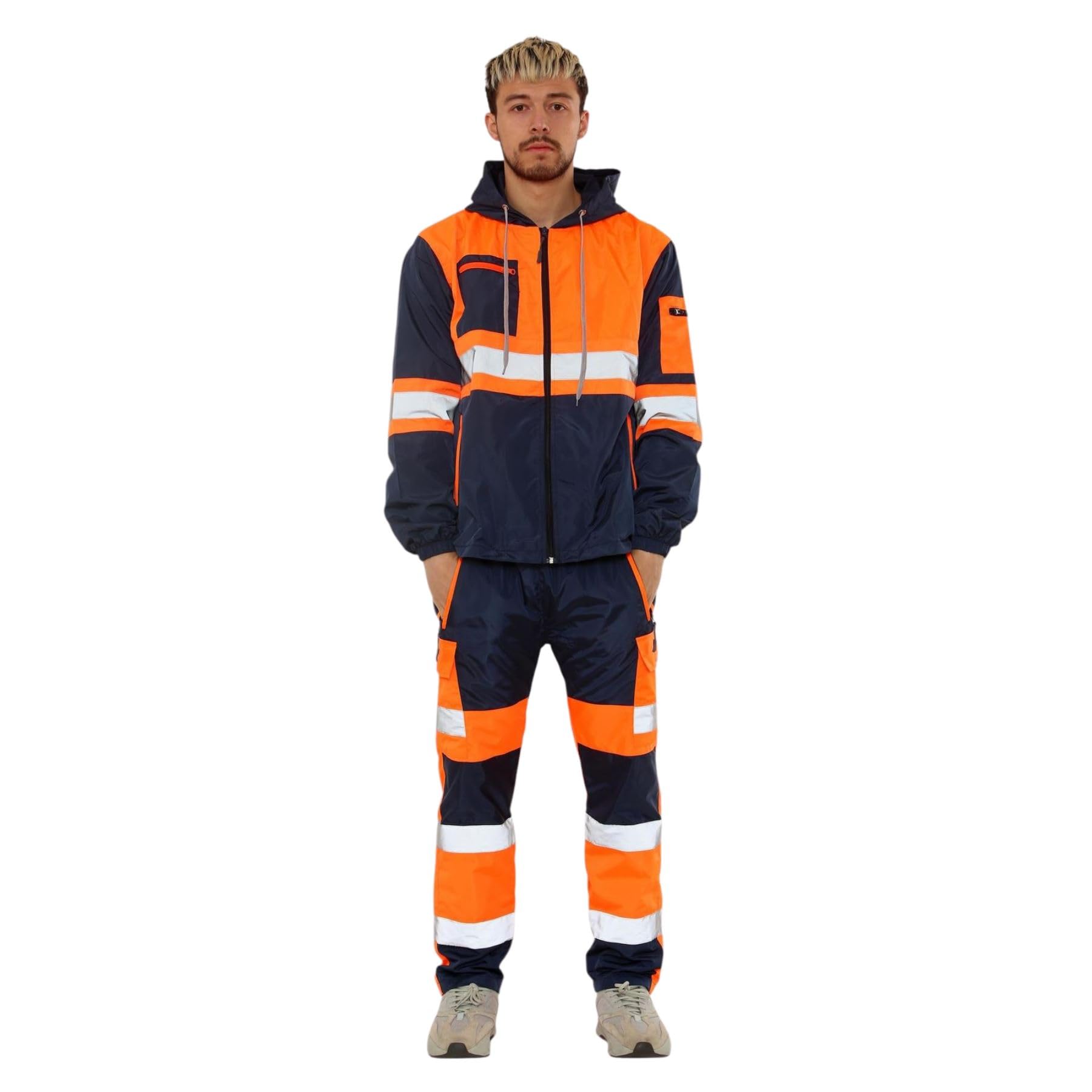 janisramone Tuta da uomo con nastro riflettente ad alta visibilità, felpa con cappuccio a maniche lunghe con zip e pantaloni elastici in vita, per pioggia, sicurezza edilizia, abbigliamento da lavoro