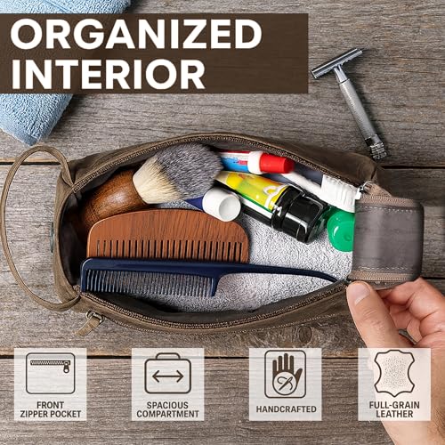Image of Rustic Town Leather Toiletry Bag for Men & Women - Multifunctional Travel Organizer, Shaving Kit, Makeup Kit, Cosmetic Pouch - Travel Toiletries Gifts (Dark Brown)