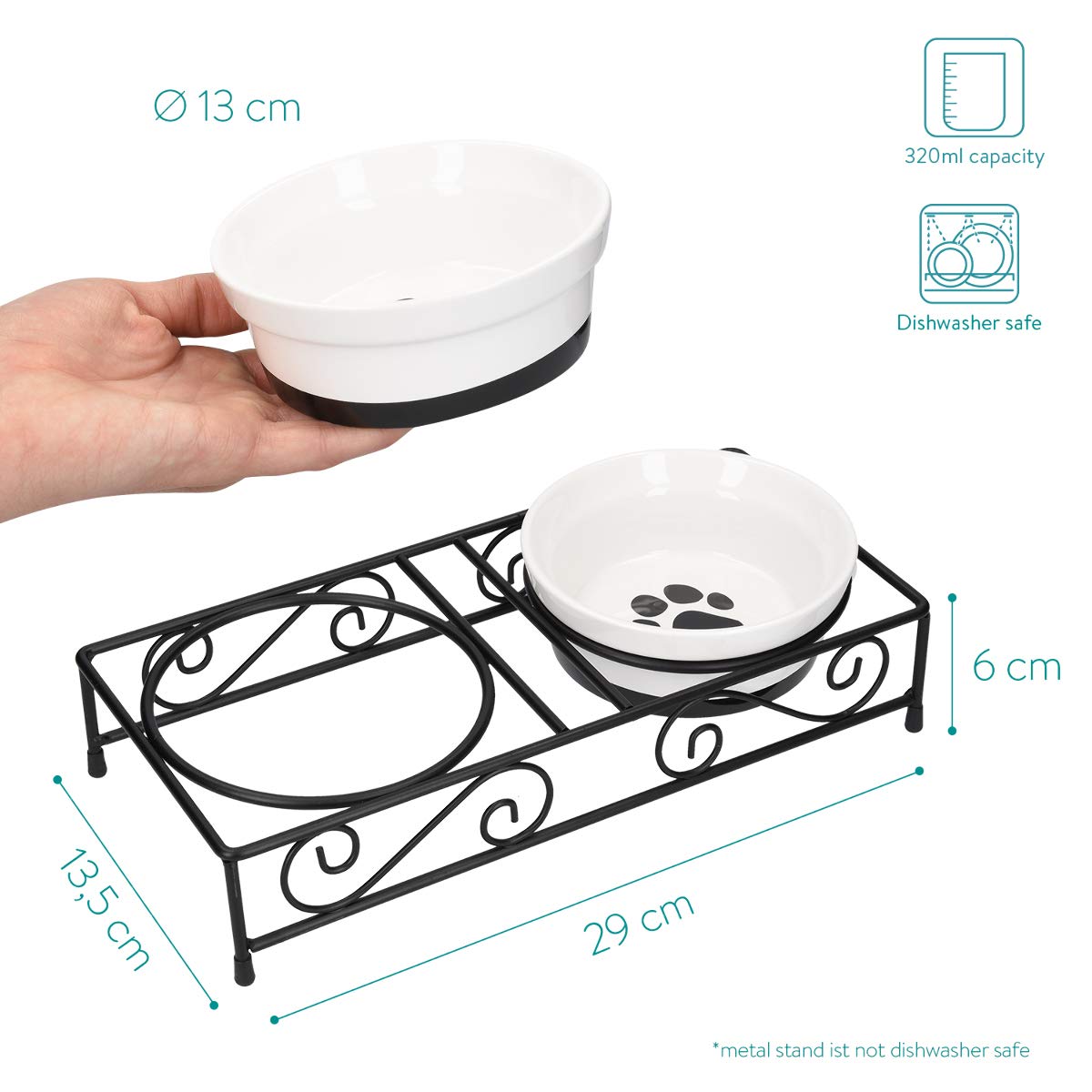Navaris Set di 2 Ciotole Cane Gatto Acciaio - 2X 320ml in Ceramica con Sostegno in Metallo in Stile Ferro battuto Design Zampa - Scodelle Cibo Acqua
