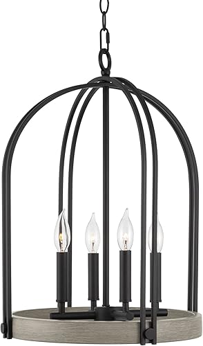 Kira Home Sinclair - Lámpara colgante de granja de 22 pulgadas, 4 luces, lámpara de vestíbulo, estilo madera de roble gris + acabado negro arenado