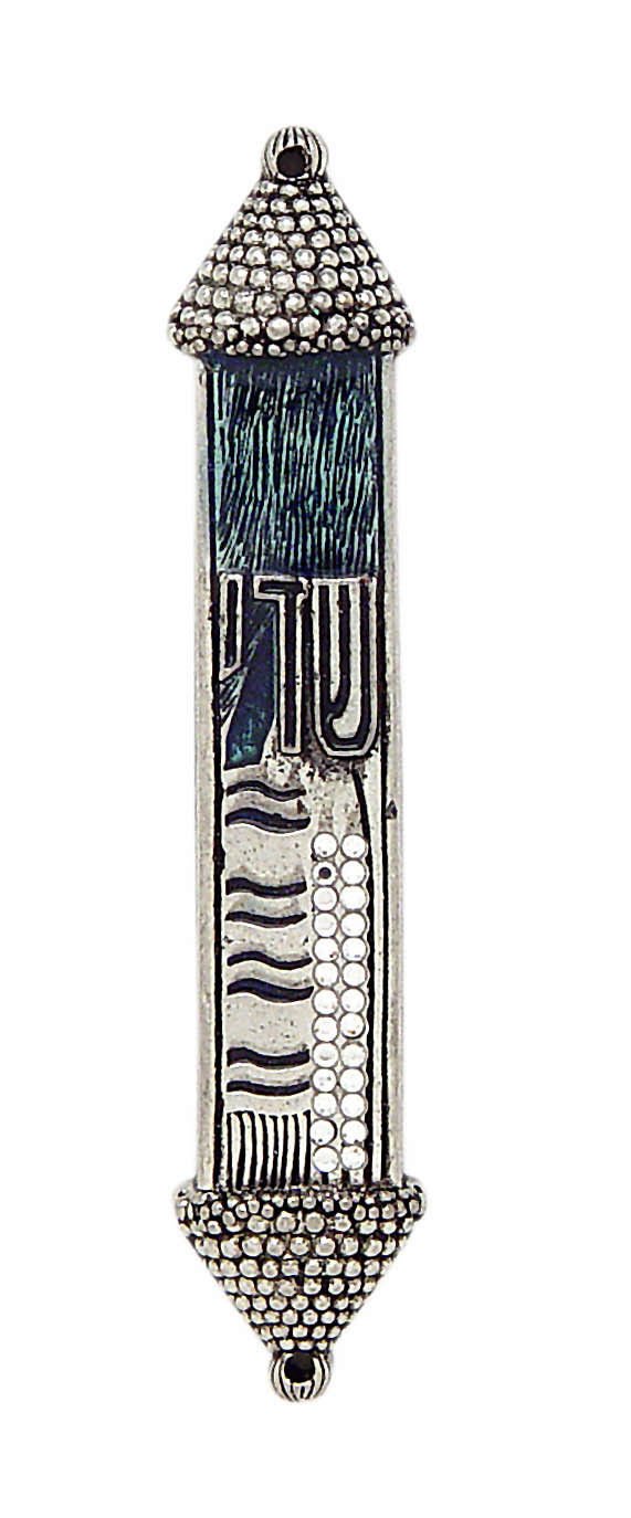 JudaicaJudaica Mezuzah Pewter Enamel Green, Tallit With Stones 5.25"