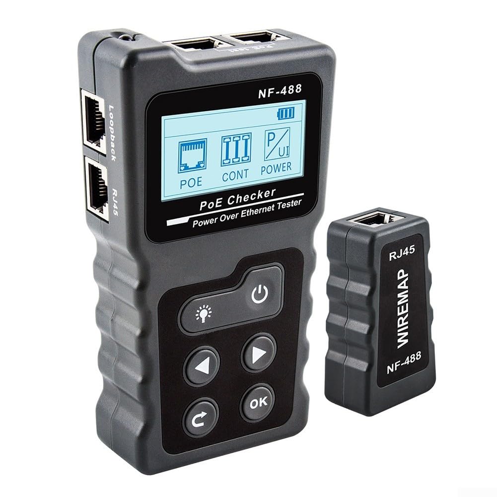 Testeur de câble réseau pour un usage domestique et professionnel avec analyse Poe pour fils Ethernet Cat5e Cat6 Cat6a Gris Design compact avec lumière LED et écran LCD Pochette de transport incluse