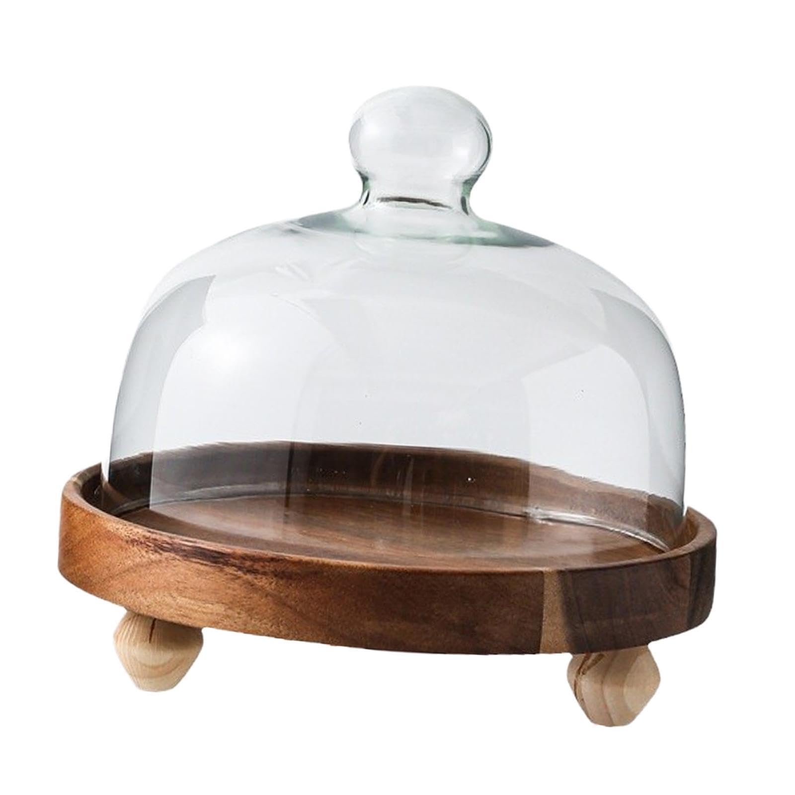 Alzata per Dolci Porta Torta con Campana Piatto Legno E Vetro Vassoio Espositore per Dessert con Coperchio Base Stabile Tre Piedi Adatta a Sala, L
