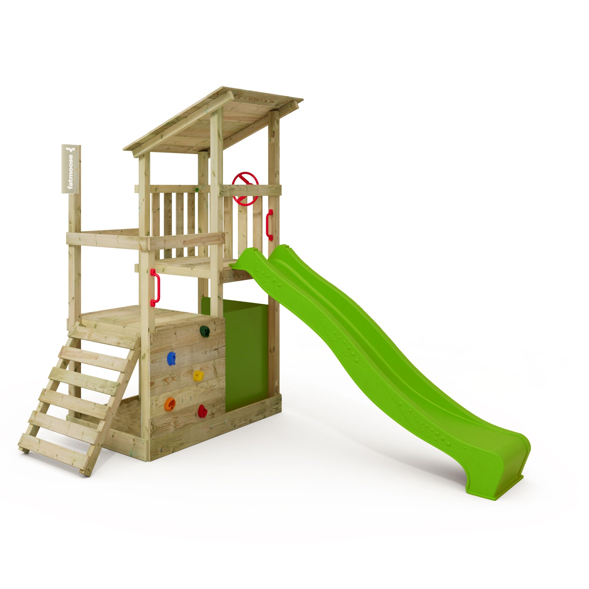 FATMOOSE Spielturm Klettergerüst FruityForest Fun XXL mit Rutsche, Outdoor Kinder Kletterturm mit Sandkasten, Leiter & Spiel-Zubehör für den Garten (apfelgrün)
