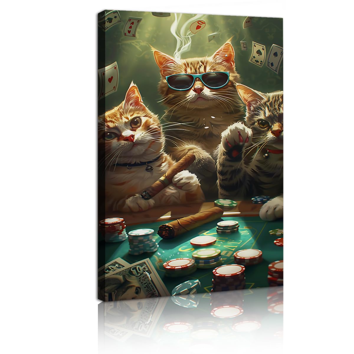 YUNART Cats Playing Cards Canvas Wall Art Funny Orange Tabby Cats Poster Flying Playing Cards Art Print Picture for Bar Games Room Decor 60x105cm Innerframe