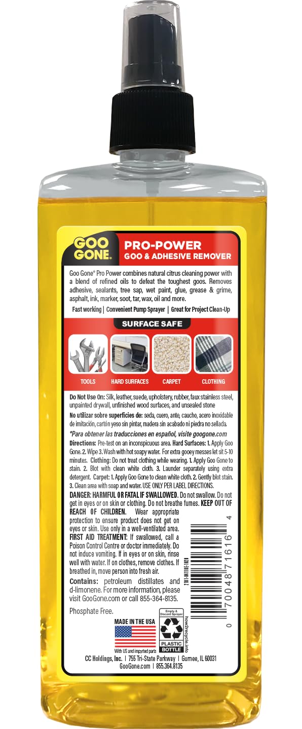 Goo Gone Spray Pro-Power Adhesive Remover with Scraper, Professional Strength, Easily Removes Wood Glue, Grease, Tar, Stickers, Goos, Wet Paint & Grime, Surface Safe, Fast Working, 16 Fl Oz
