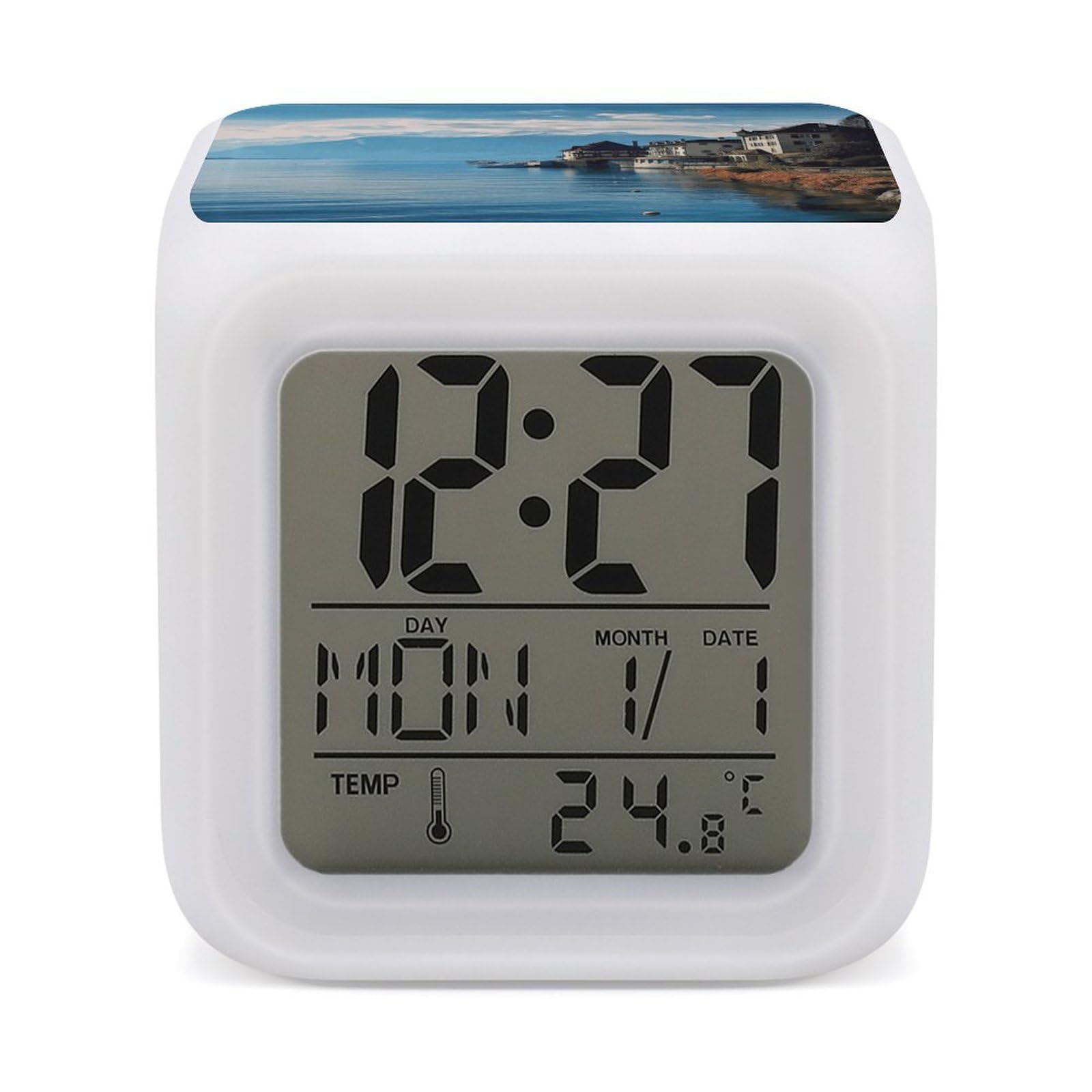 JTREHY Lake Geneva Switzerland Alarm Clock Digital Dimmable Clock for Bedroom LED Display Screen Mini Clocks 7 Color Dimmable Night Lights Time-to-Rise Alarm Clocks for Office Living Room