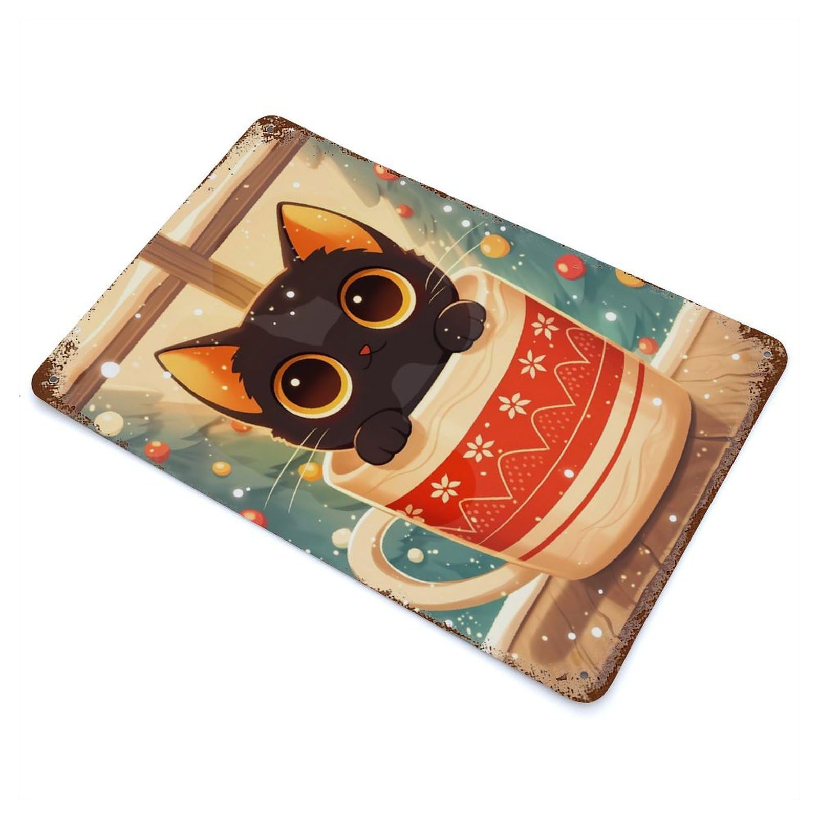 Garage Style Cat in Coffee Mug Rustic Tin Plaque 11.8"x7.9", Classic Wall Plaque for Bar And Workshop
