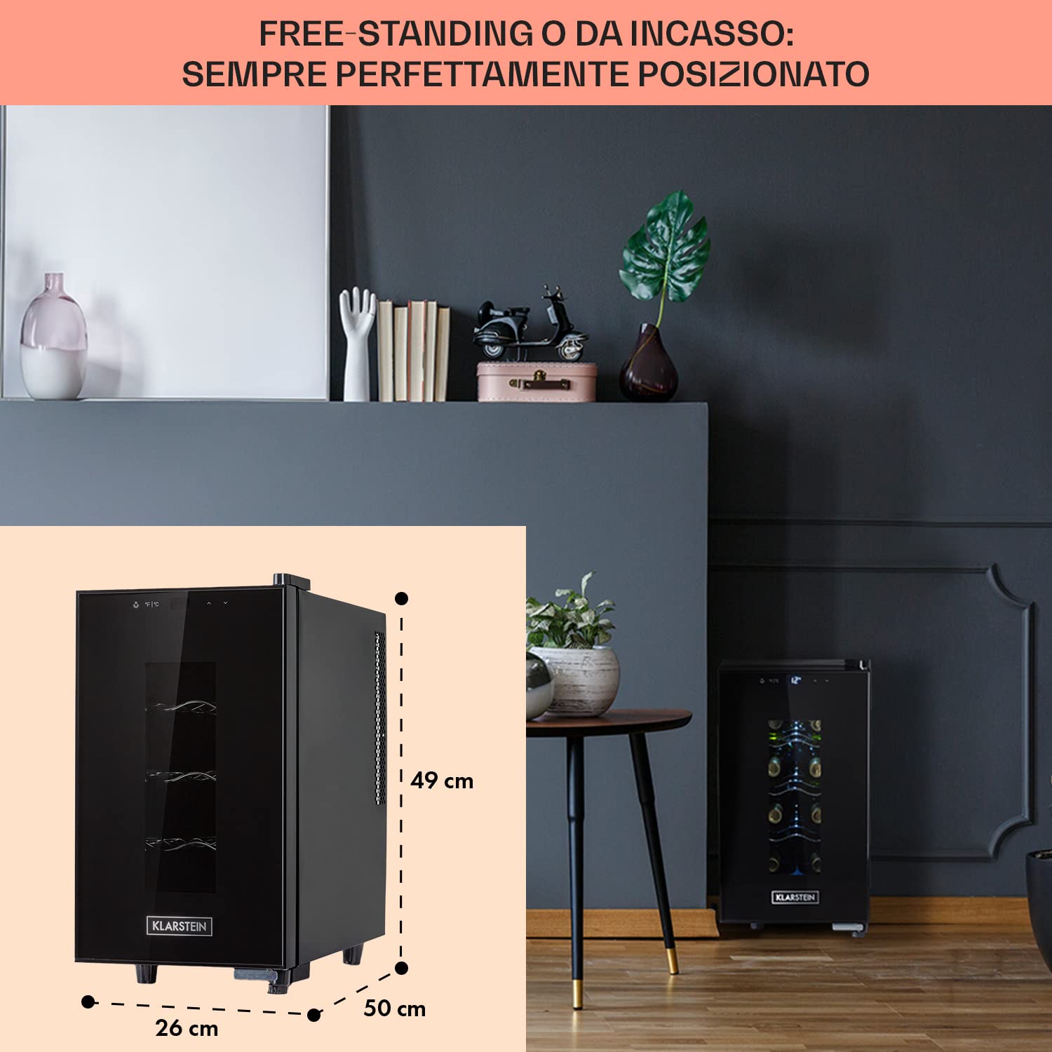 KLARSTEIN Cantinetta Vino, Cantinetta Vino Refrigerata a Zona Singola per Interno/Esterni, Frigo Bar, Cantina Vino con Vetrina, Mini Bar con Protezione UV, Frigo Vino Touch, 11-18°C, 8 Bottiglie