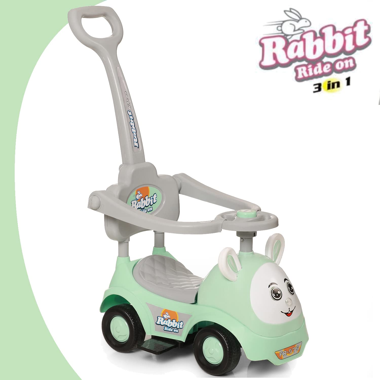Fun Ride On Push Car, Rabbit 3 in 1 Rider with Removable Parental Handle - Musical Push Car with Lights and Utility Storage Toy Box - Armrest Guardrails for Safety, Kids Indoor/Outdoor Toy Car (Green) 4