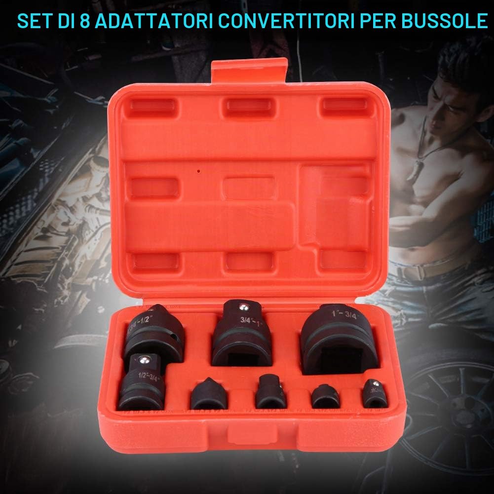 Set di adattatori a percussione, 8 pezzi, convertitore a bussola, adattatore convertitore, meccanismo Impactstep-up con custodia per conversioni driver, 8 pezzi, 1/4", 3/8", 1/2", 3/4", 1"