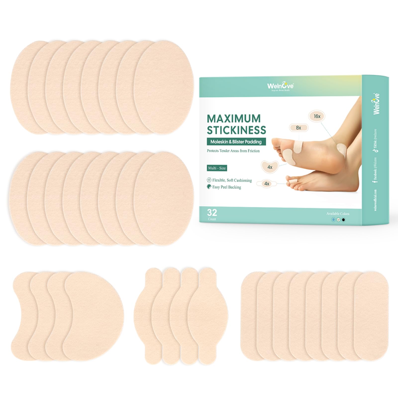 Welnove Moleskin Adhesive Pads for Feet,Blister Bandages for Feet, Mole Skin Patch for Feet Heels, Skin Tape Stickers for Feet - 32 Sheets of 4 Shapes
