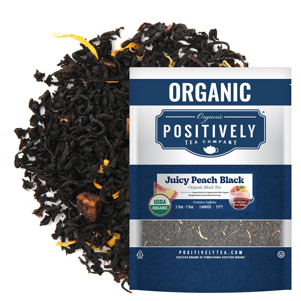 Organic Positively Tea Company, Juicy Peach Black Tea, Loose Leaf, 16 Ounce