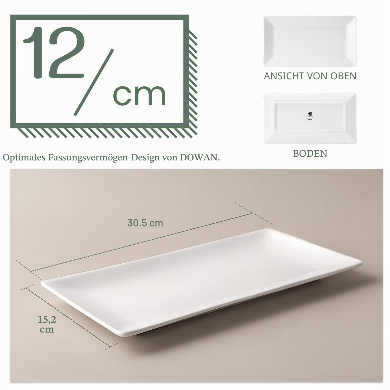 DOWAN Servierplatte Porzellan, 30,5 x 15,2 cm Rechteckige Servierplatten, Servierteller für Dessert, Vorspeisen, Fleisch, Fisch, Sushi, Gericht usw, Rechteckige Teller 4 Stück, Soft White