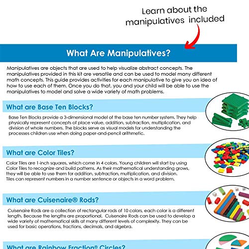 Image of hand2mind - 93539 Take Home Math Manipulatives Kit for Kids, with Snap Cubes, Base Ten Blocks, Cuisenaire Rods, Angle Circles, and Color Tiles, Kindergarten Homeschool Supplies (293 Pieces)