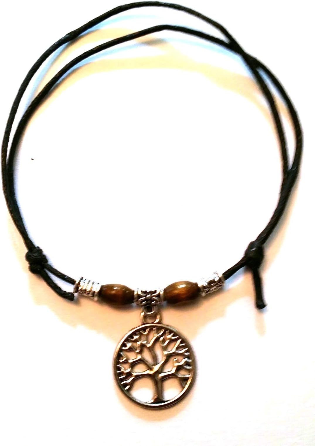 Black Leather Look Waxed Cotton Adjustable Sliding Knot Anklet/Bracelet - Surfer, Hippi, Boho, (Tree of Life)