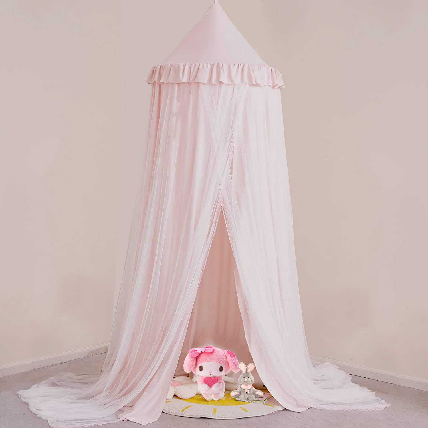 Doppellagig Baldachin Babybett Mädchen Groß Hell Rosa Baumwolle Betthimmel Kinderbett Rund Hängendes Kuppel Moskitonnetz Spielzelte Bett Deko for Kinder Baby